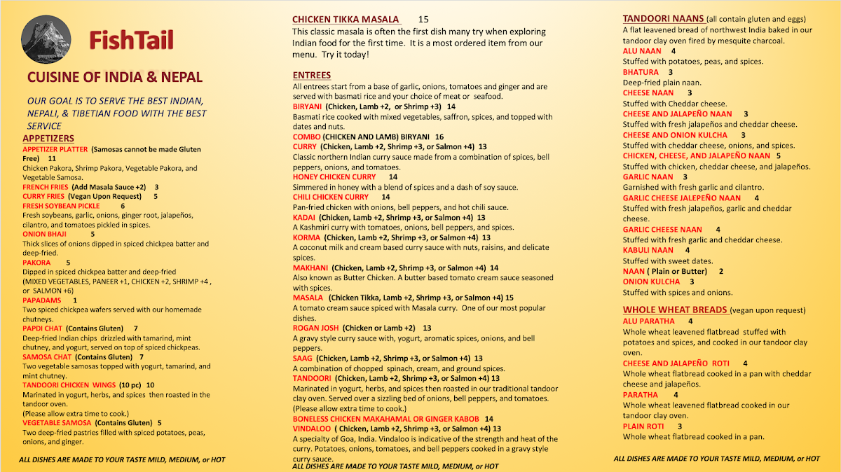 Menu Fishtail Cuisine Of India & Nepal-1